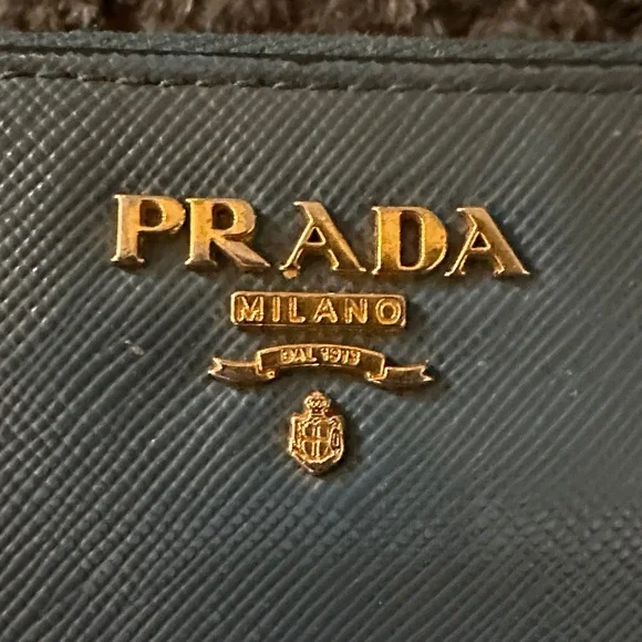 Prada Blue Saffiano Zip-Around Leather Wallet with Gold Logo